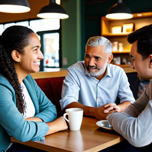 A diverse group of adults (2-3 people) engaged in a dynamic, real-world conversation in a lively, modern coffee shop. One learner listens intently to a native speaker, showing an expression of thoughtful understanding mixed with slight concentration. They are casually but fully clothed in contemporary modest attire. The background features other patrons and warm, inviting lighting, reflecting a social and interactive environment. Perfect anatomy, correct proportions, natural pose, well-formed hands, proper finger count, natural body proportions, professional photography, high quality, safe for work, appropriate content, fully clothed, modest clothing, family-friendly.