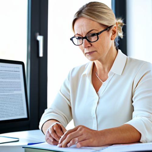 Specialized Translator at Work**

"A professional translator working on a legal document in a bright, modern home office. The translator is a mature woman with glasses, wearing a modest blouse and cardigan. Computer screen shows legal terminology. Bookshelves filled with legal textbooks in the background. Focus on concentration and expertise. perfect anatomy, correct proportions, natural pose, well-formed hands, proper finger count, natural body proportions, safe for work, appropriate content, fully clothed, professional, family-friendly, professional dress"

**