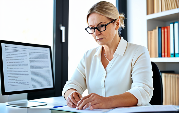 Specialized Translator at Work**
"A professional translator working on a legal document in a bright, modern home office. The translator is a mature woman with glasses, wearing a modest blouse and cardigan. Computer screen shows legal terminology. Bookshelves filled with legal textbooks in the background. Focus on concentration and expertise. perfect anatomy, correct proportions, natural pose, well-formed hands, proper finger count, natural body proportions, safe for work, appropriate content, fully clothed, professional, family-friendly, professional dress"
**