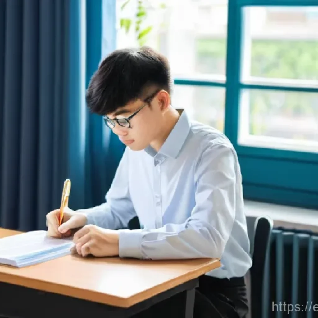 HSK 모의시험 활용법 - **Prompt:** A focused young adult student, appearing to be in their late teens or early twenties, is...