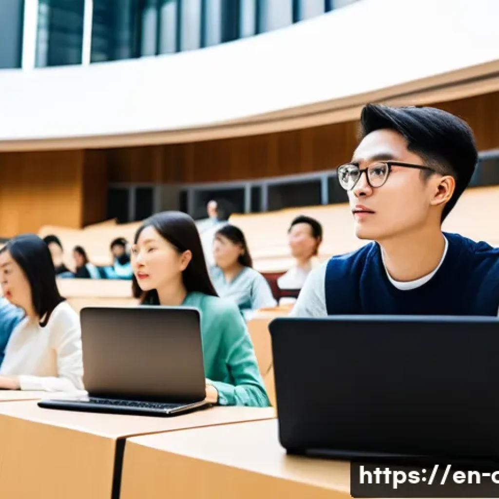 HSK 자격증과 해외 대학 입학 사례 - A diverse group of international university students sitting in a modern lecture hall, attentively l...