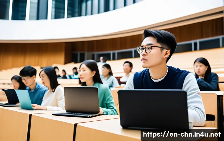 HSK 자격증과 해외 대학 입학 사례 - A diverse group of international university students sitting in a modern lecture hall, attentively l...