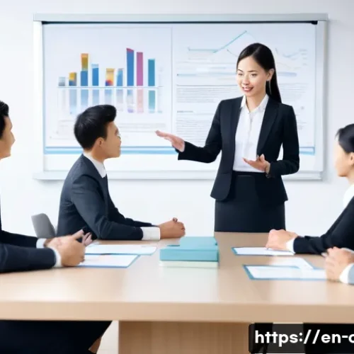 HSK 자격증 취득 후 연봉 협상 전략 - A modern office scene showing a confident professional in business attire presenting a polished nego...