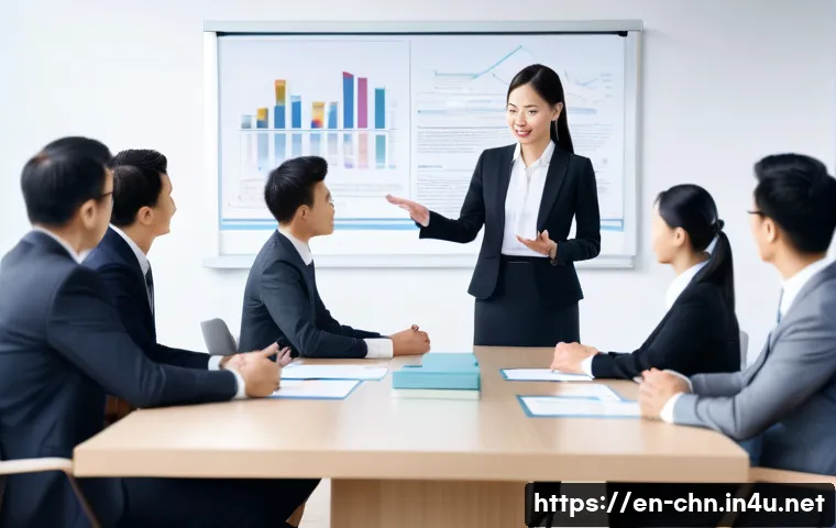 HSK 자격증 취득 후 연봉 협상 전략 - A modern office scene showing a confident professional in business attire presenting a polished nego...