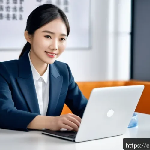 HSK 자격증으로 이직 성공 후기 - A professional business setting showing a confident young Asian woman in smart casual attire seated ...