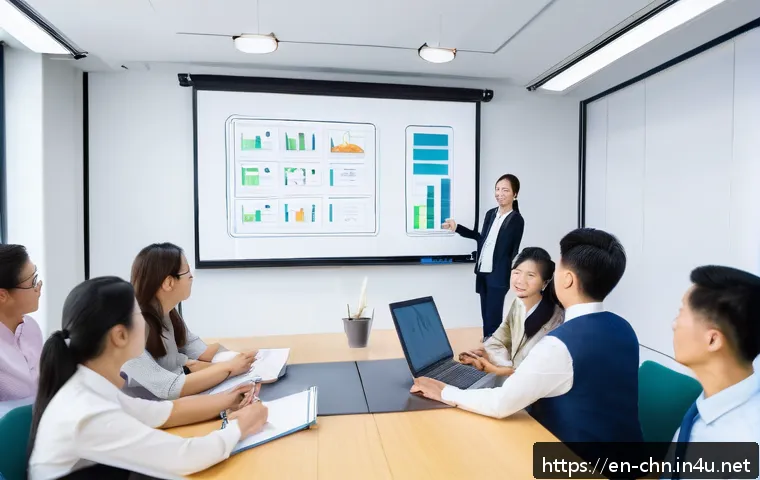 HSK와 비즈니스 중국어의 차이 - A modern classroom setting with diverse adult students engaged in a Business Chinese workshop, featu...