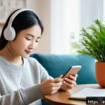 중국어 듣기 훈련을 위한 팟캐스트 추천 - A cozy modern living room scene with a young adult woman wearing casual comfortable clothes and wire...