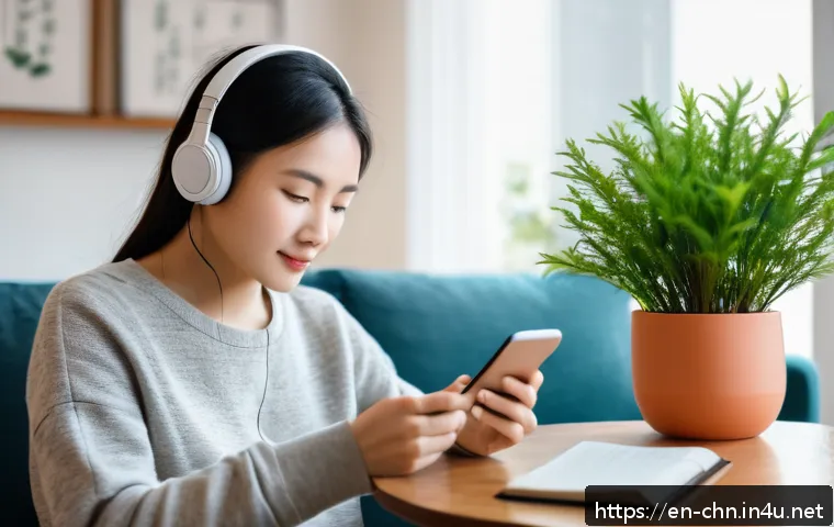 중국어 듣기 훈련을 위한 팟캐스트 추천 - A cozy modern living room scene with a young adult woman wearing casual comfortable clothes and wire...