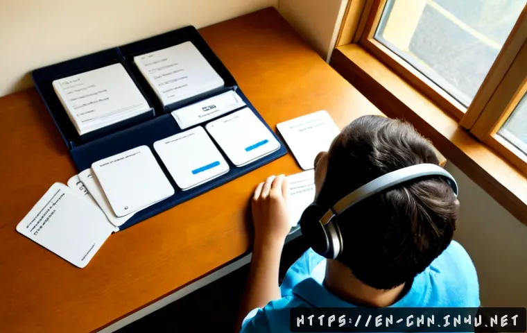 HSK 시험 중점 과목 분석 - Photorealistic overhead view of a focused adult language learner at a clean home study desk, sorting...