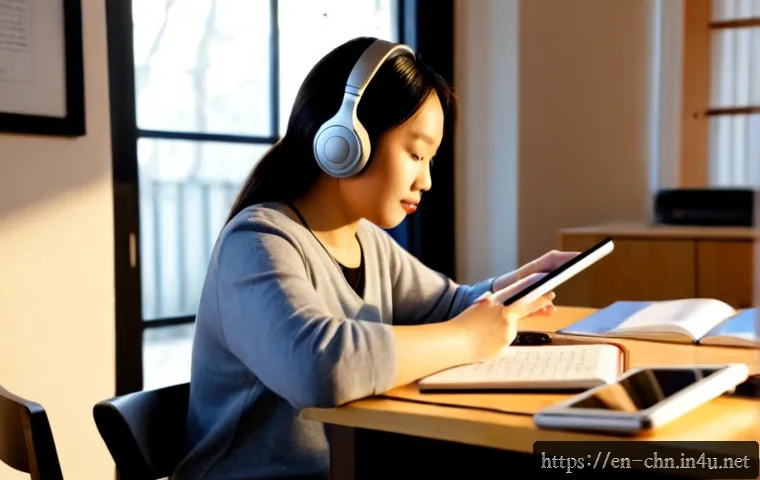 중국어 듣기 시험 대비 방법 - Photorealistic adult learner preparing for a Chinese listening exam at a tidy home desk, wearing ove...