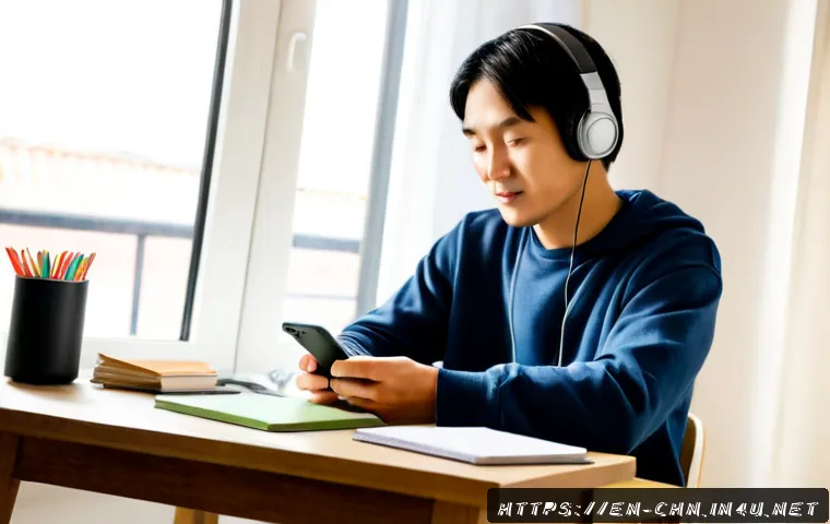 중국어 회화 실력 테스트 방법 - Photorealistic adult learner practicing Mandarin speaking skills at a tidy home desk, wearing casual...